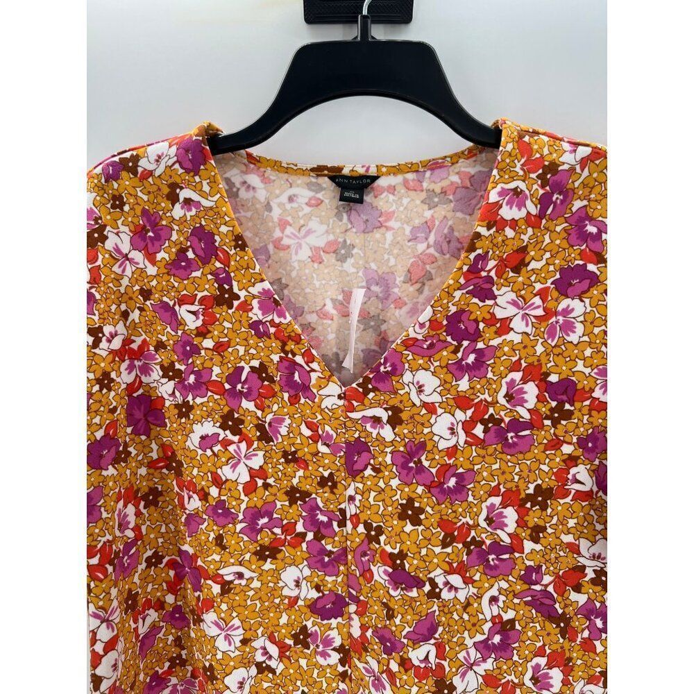Ann Taylor XS Floral V-Neck Blouse Retro Short Sleeve Yellow Pink New - Picture 2 of 8